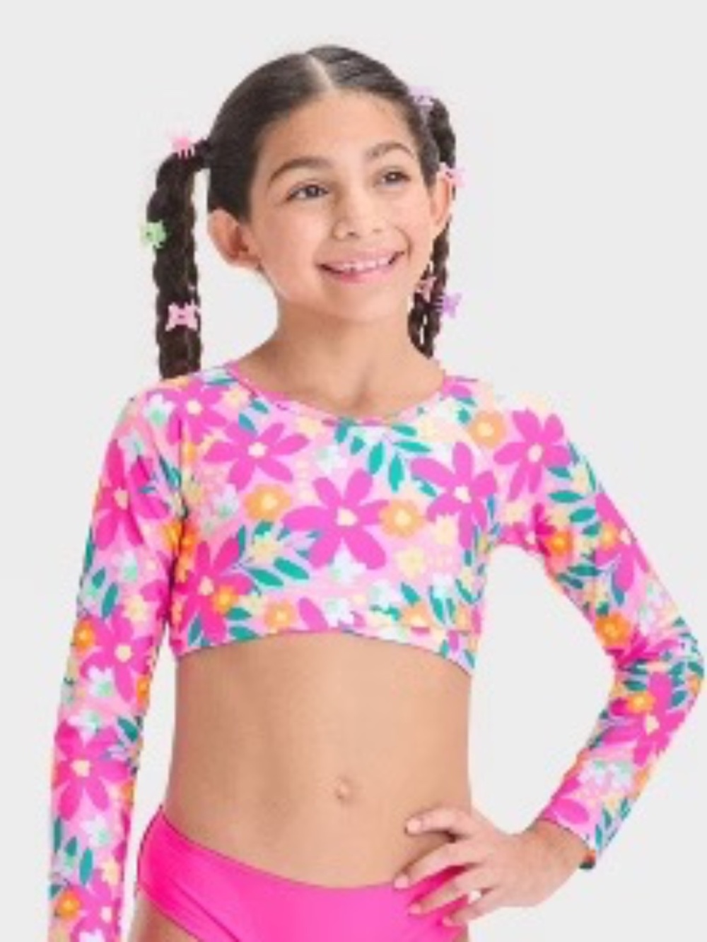 Cat & Jack Girls Floral Long Sleeve Rash Guard Swim Top Sz L 10-12